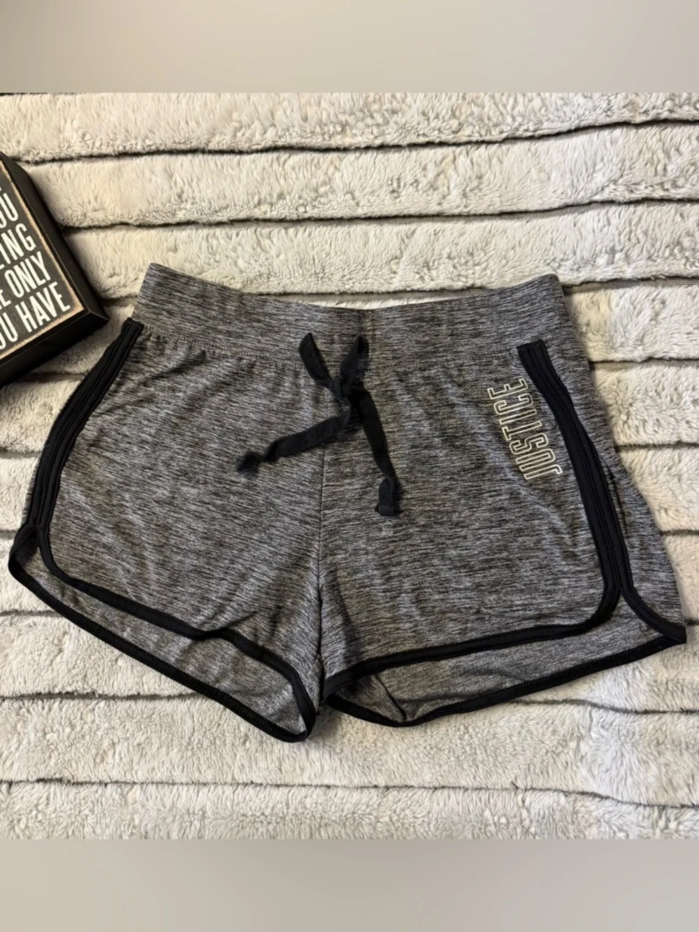 Justice Gray Marled Athletic Drawstring Shorts with Black Trim